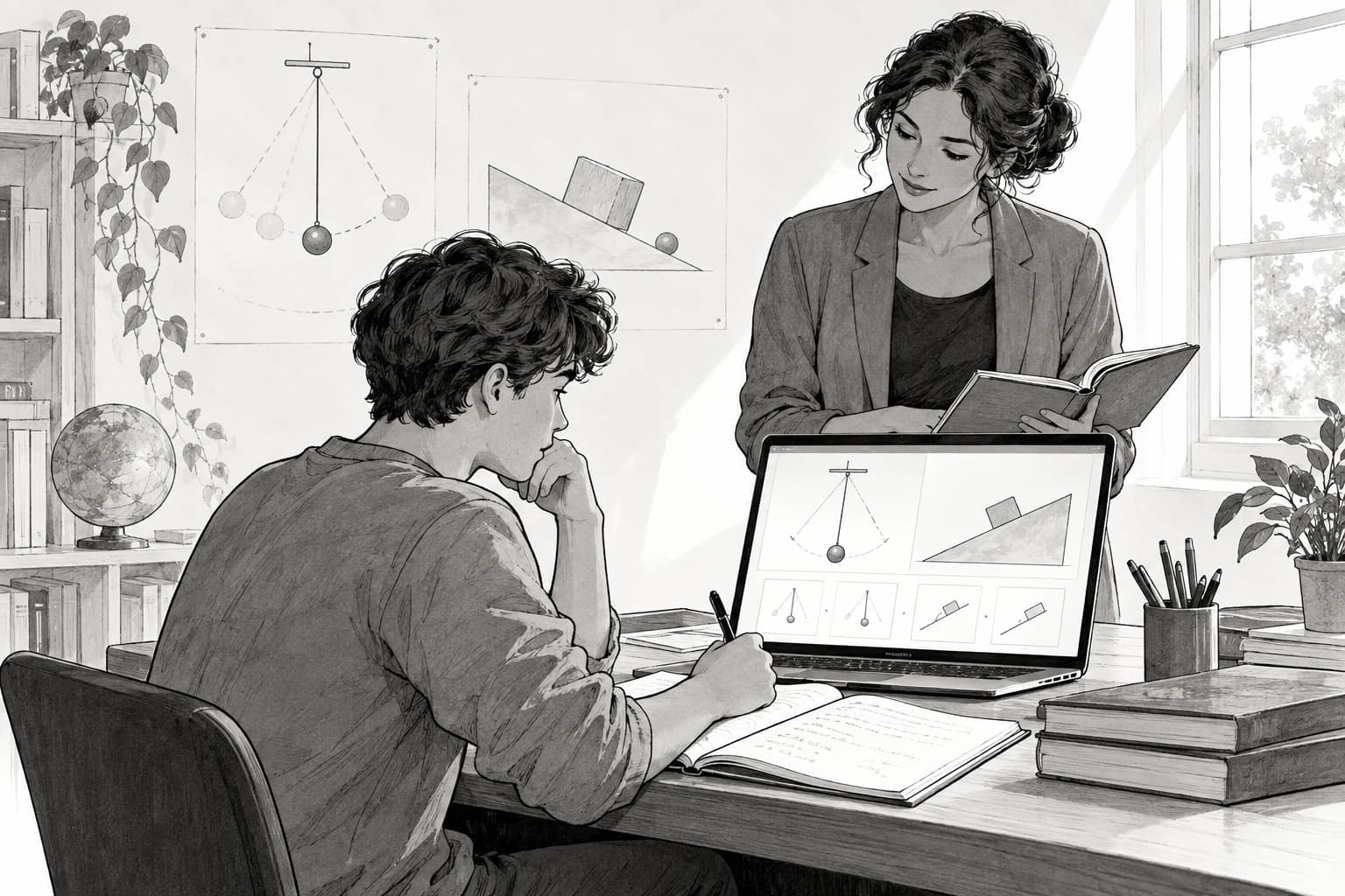 A student works through a physics problem with a carefully designed tutor while a teacher reviews the lesson.