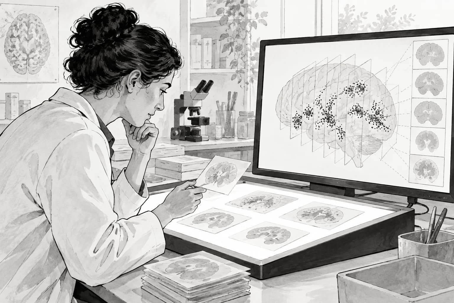 A researcher maps clusters across postmortem brain-tissue sections.
