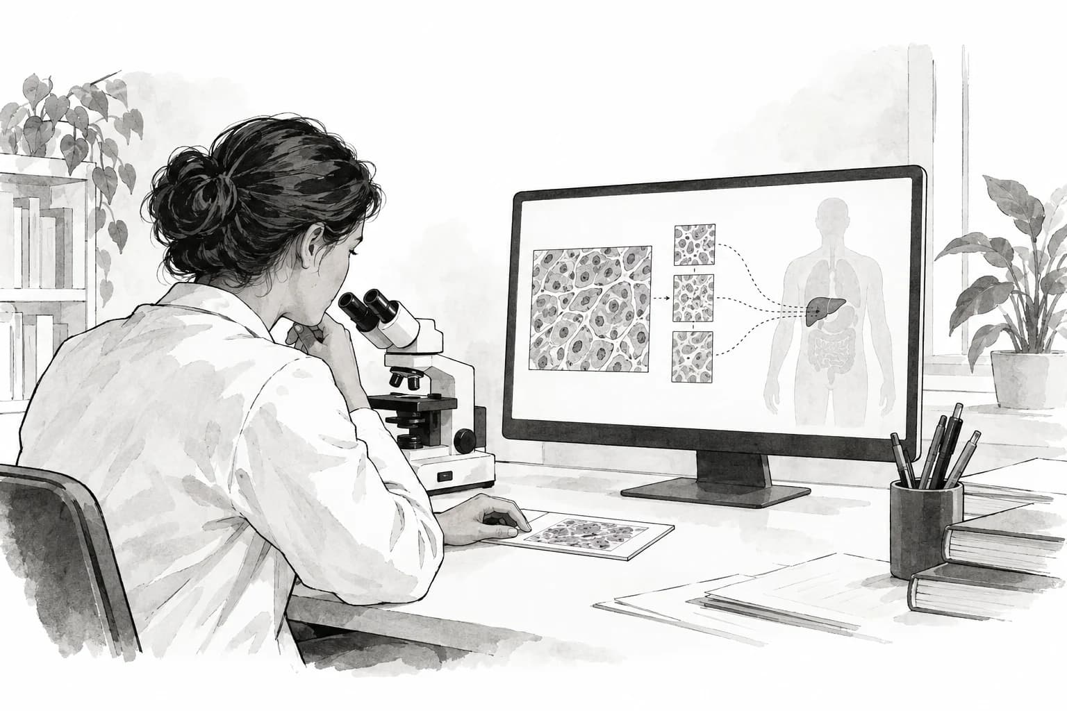 A pathologist compares tumor tissue patterns with a computer-assisted hypothesis about the organ where the cancer began.