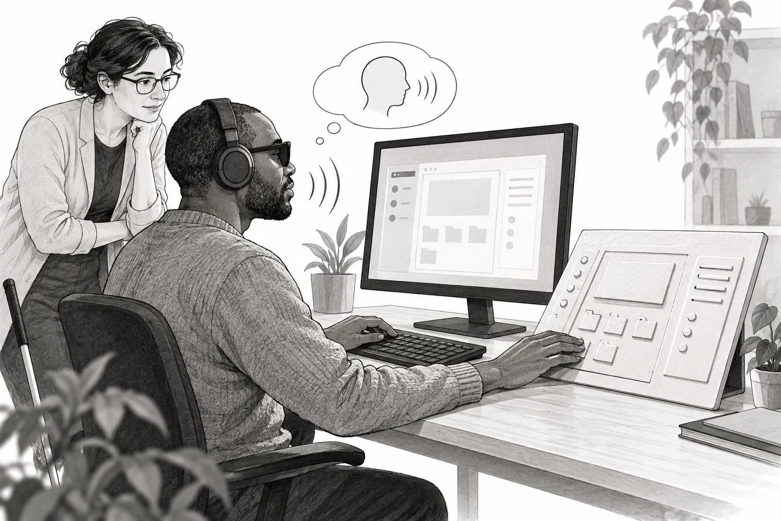 A blind computer user asks for help understanding an inaccessible interface during a research task.