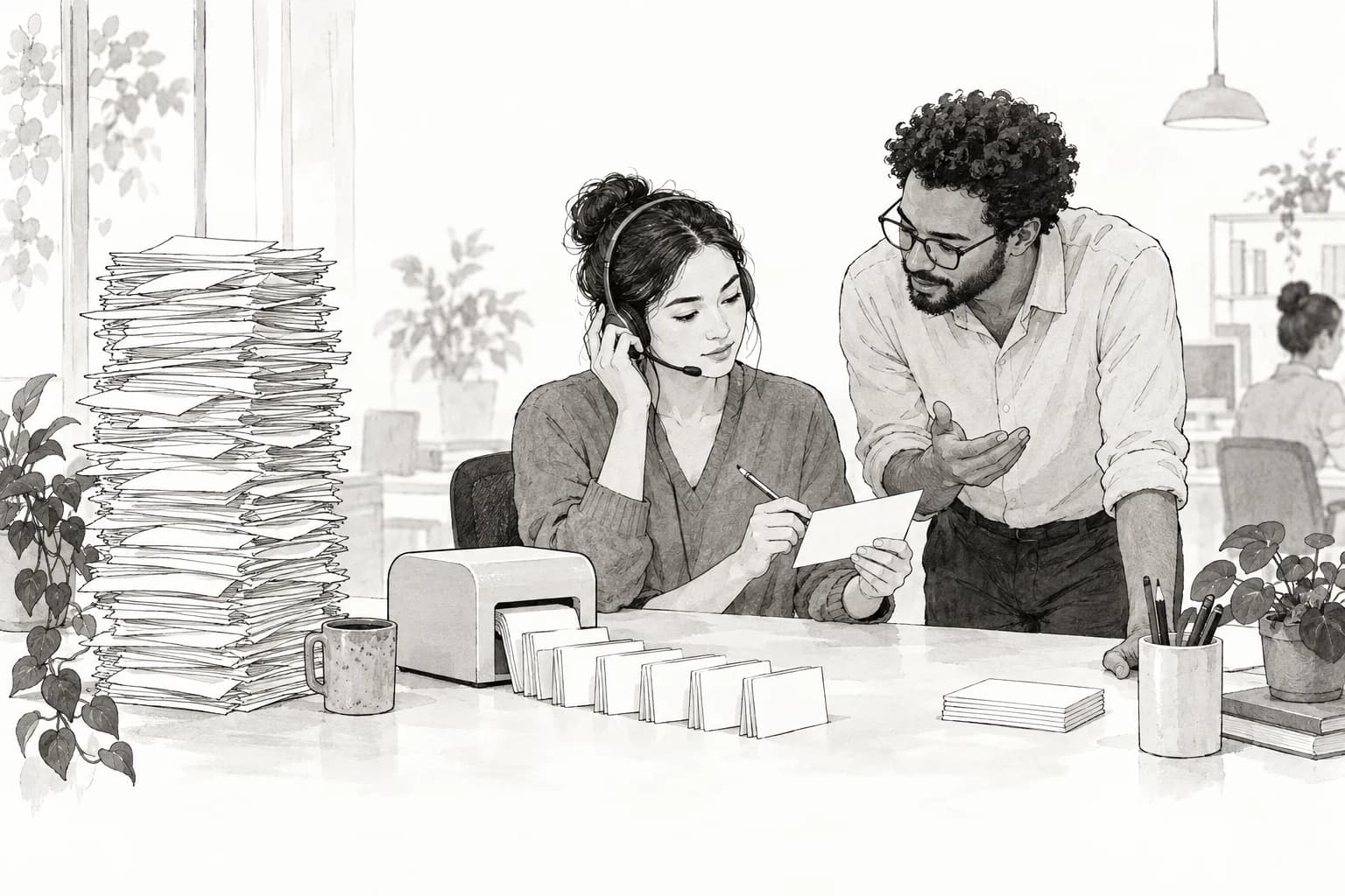 A support worker edits a concise response draft while listening to a customer and consulting a colleague.