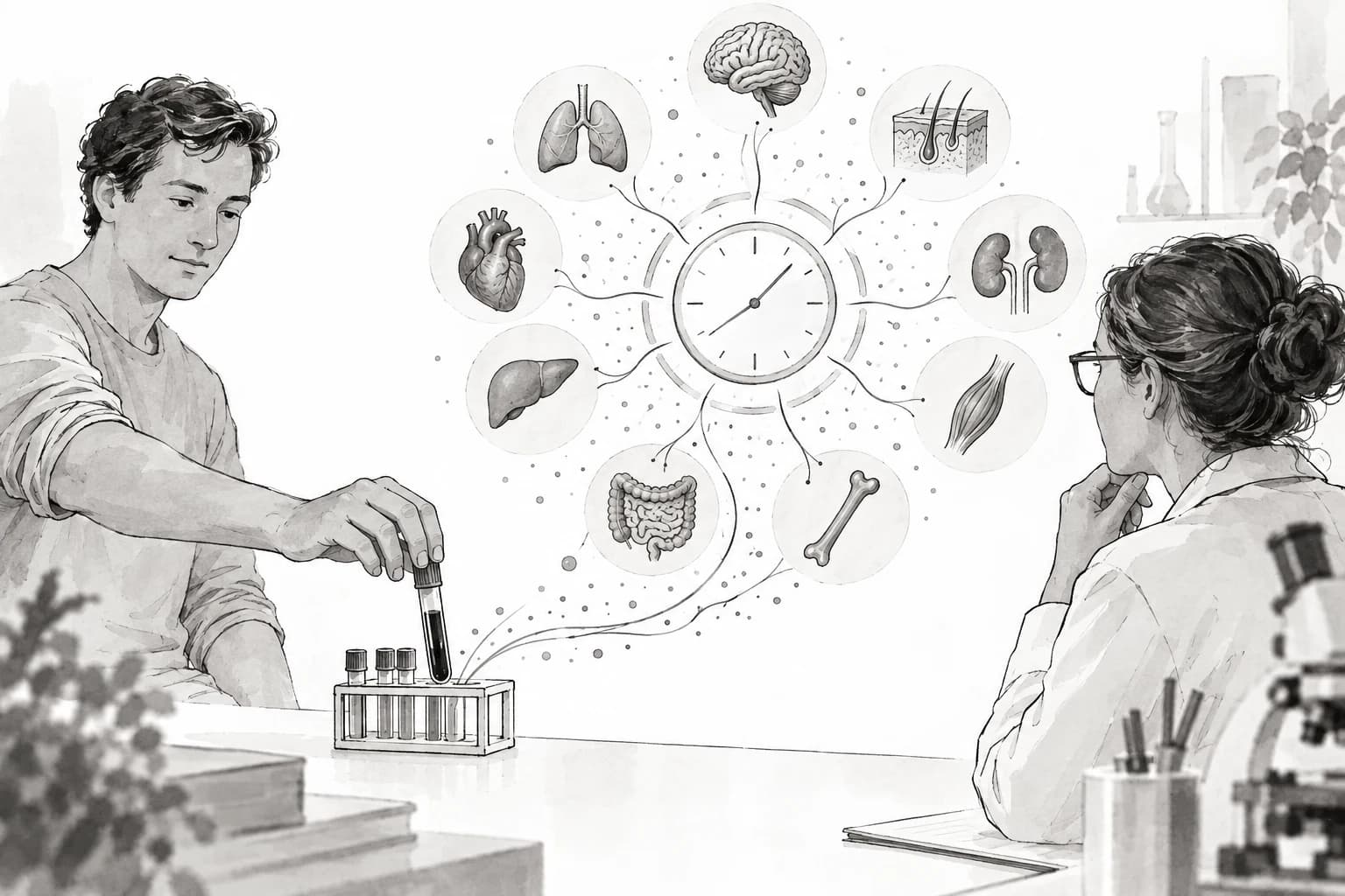 A blood sample is compared across patterns associated with several body systems.