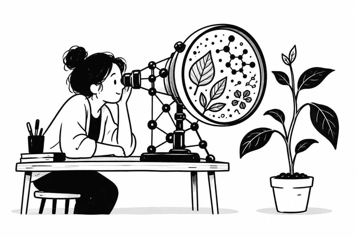 Black-and-white editorial illustration: a researcher looks through a network-shaped lens that reveals leaf structures and molecular patterns in a plant, a metaphor for AI-assisted discovery.