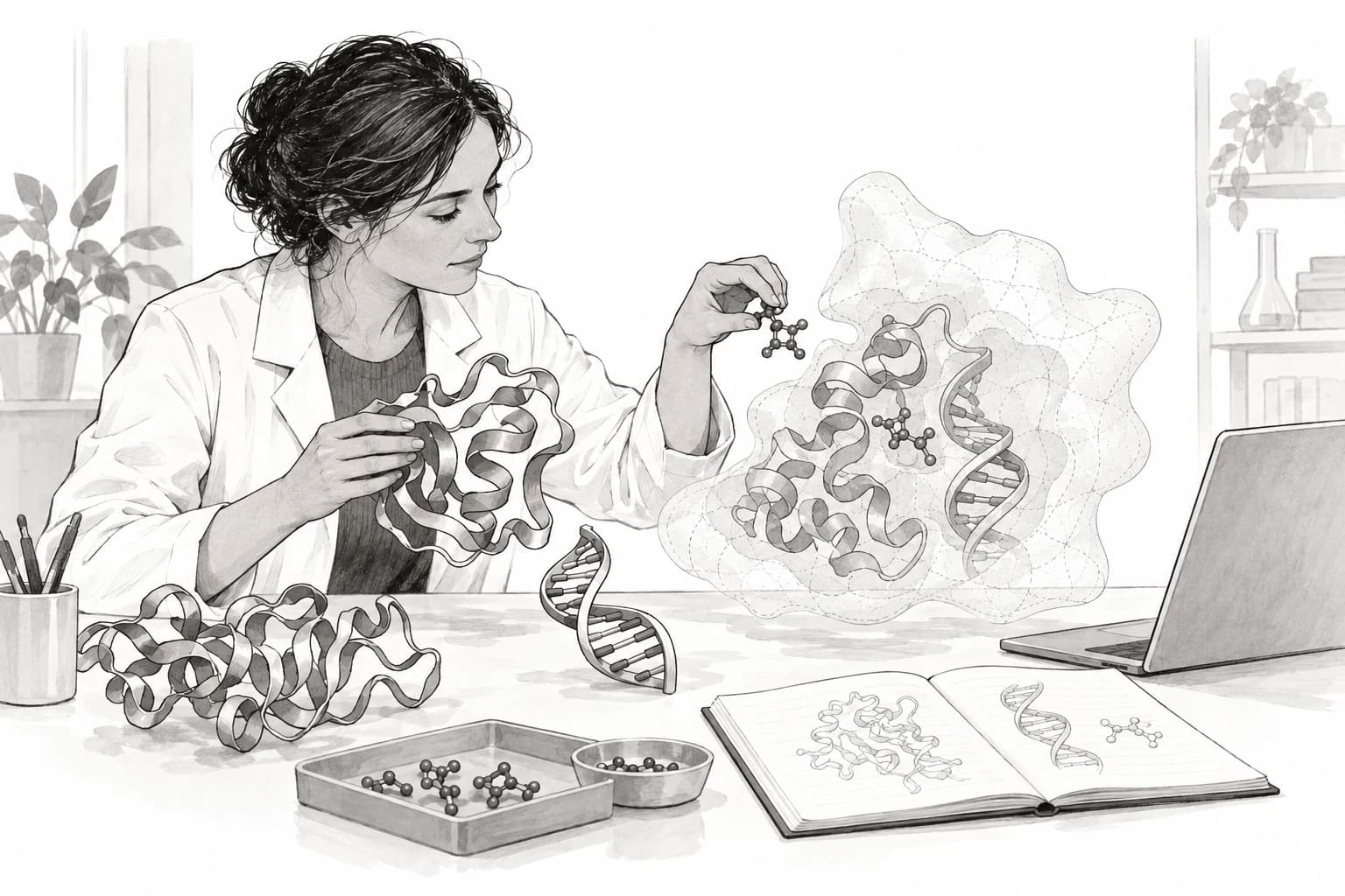 A structural biologist examines a predicted arrangement of several interacting biological molecules.