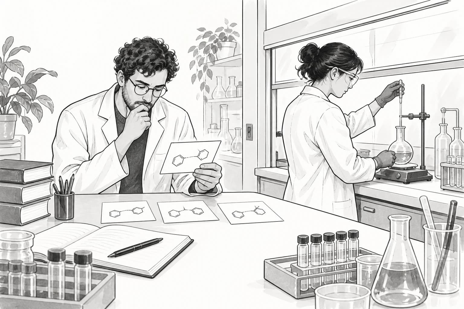 Chemists review suggested reaction setups and test one of them at the laboratory bench.