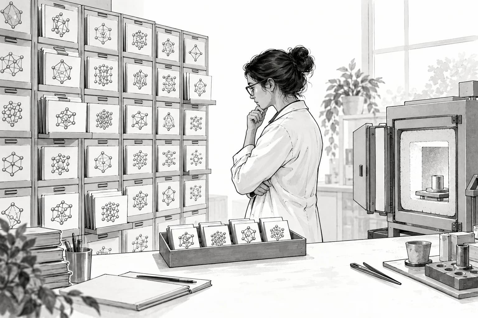 A materials scientist selects a smaller set of proposed crystal structures before physical synthesis.