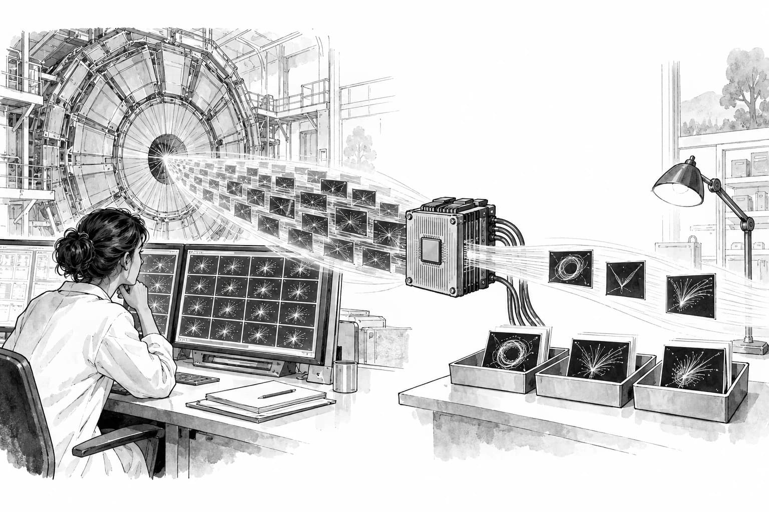 A fast hardware filter keeps a small set of unusual particle-collision traces for later inspection.